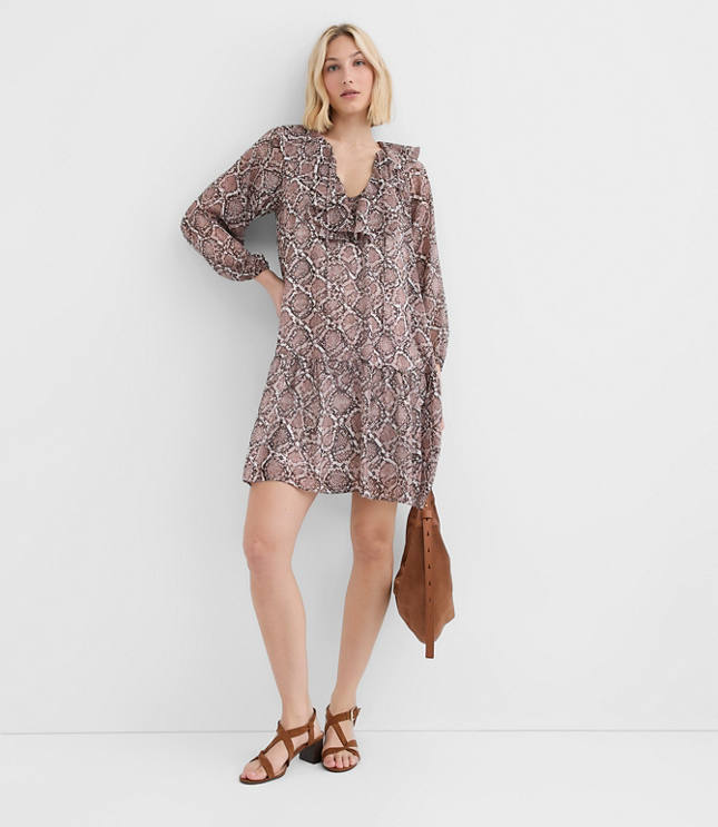 Petite Snake Print Ruffle Tie Neck Mini Dress