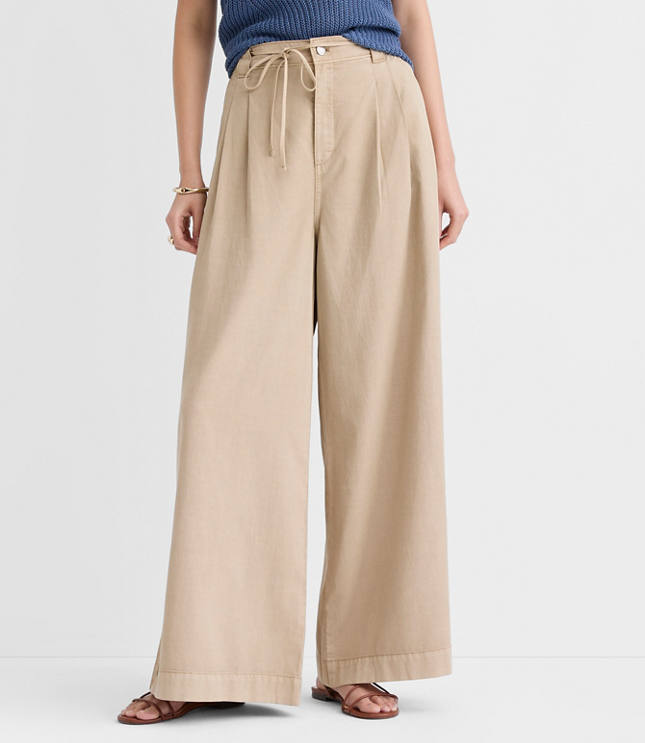 Petite Tie Waist Pleated Palazzo Pants