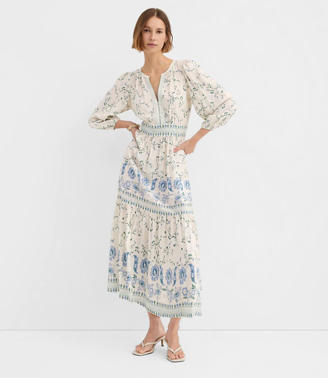 Petite Border Floral Flounce Midi Dress