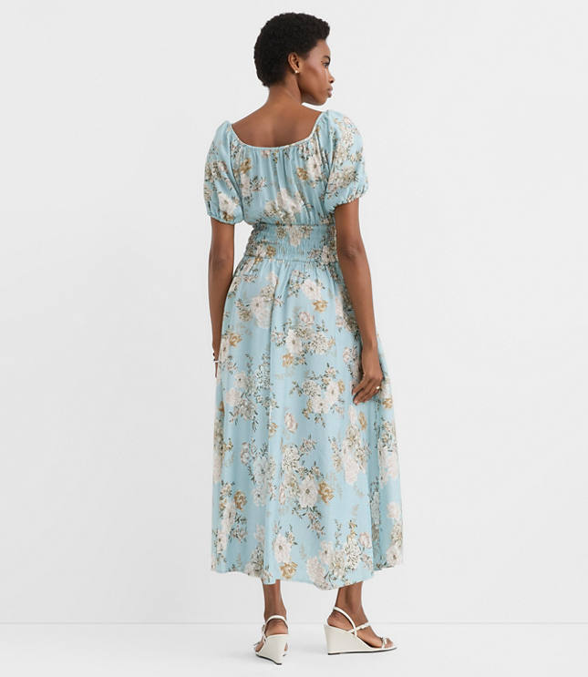 Tall Floral Ruffle Tie Neck Smocked Midi Dress