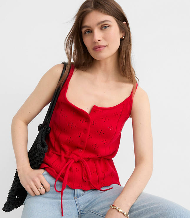 Tie Waist Pointelle Sweater Tank Top