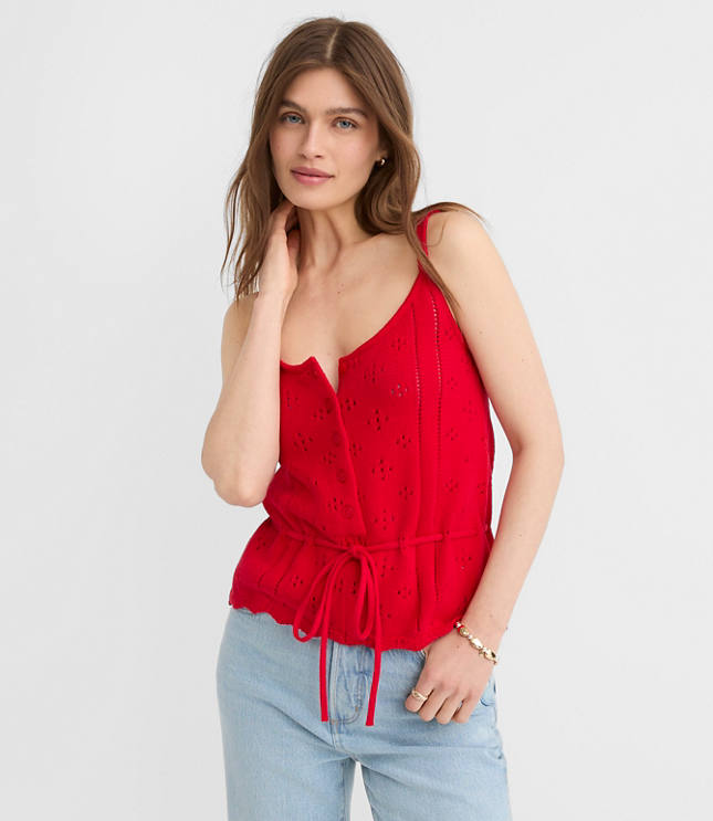 Tie Waist Pointelle Sweater Tank Top