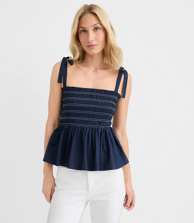 Topstitched Poplin Tie Strap Smocked Peplum Cami carousel Product Image 2