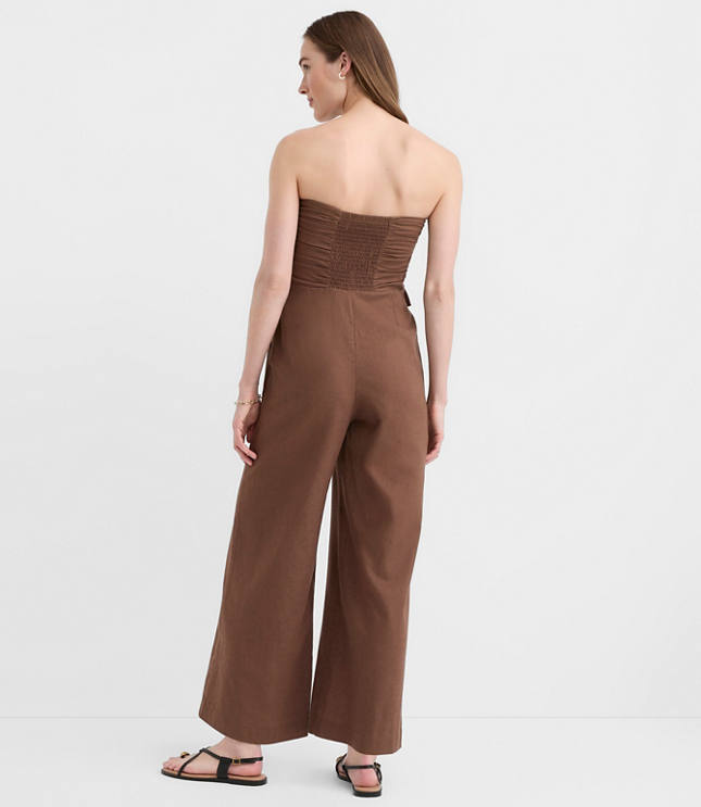 Ruffled Ruched Linen Cotton Strapless Jumpsuit