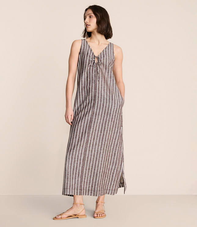 Petite Lou & Grey Striped Linen Cotton Tie Keyhole Maxi Pocket Dress