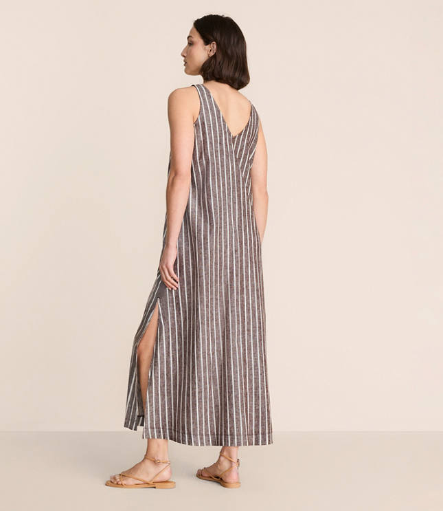 Petite Lou & Grey Striped Linen Cotton Tie Keyhole Maxi Pocket Dress