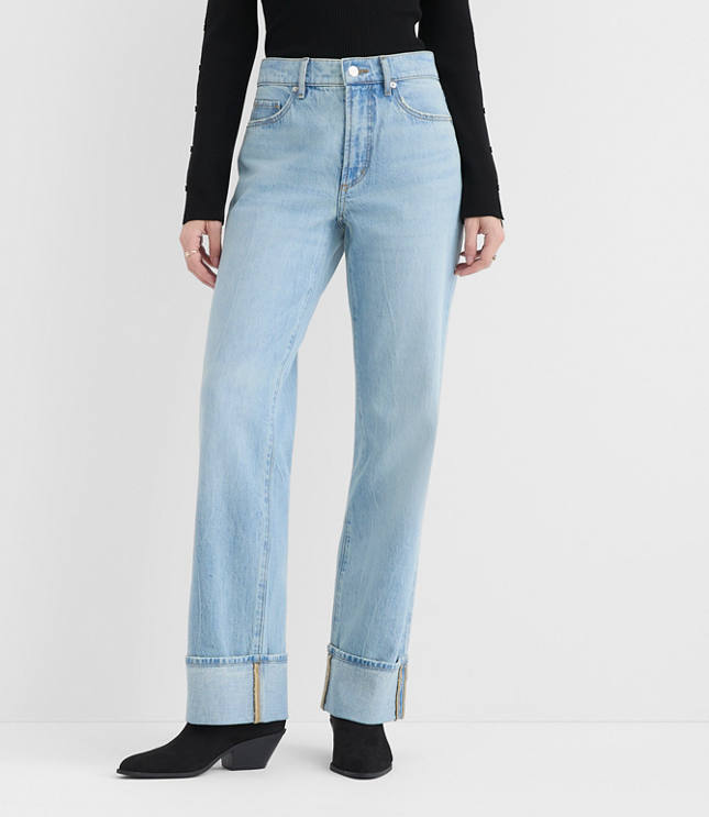 Rivete Short Cuffed Mid Rise Relaxed Straight Jeans in Light Wash
