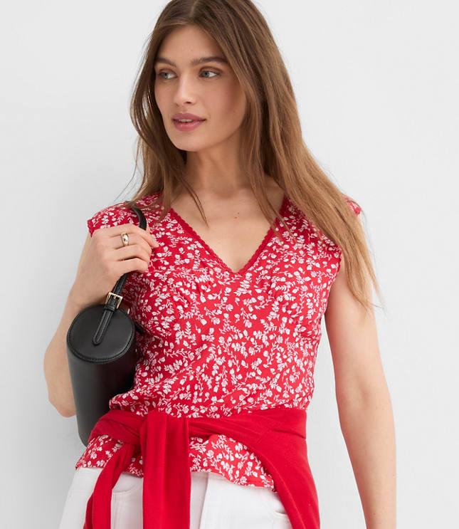 Floral Lace Trim Cap Sleeve Top