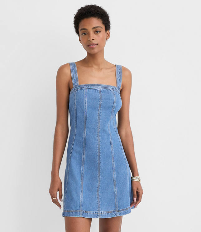Petite Seamed Denim Mini Dress in Medium Blue carousel Product Image 2