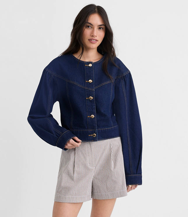 Petite Balloon Sleeve Denim Jacket in Classic Rinse Wash
