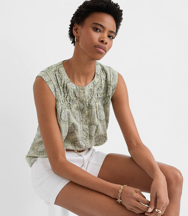 Tiled Pleated Yoke Mixed Media Shell