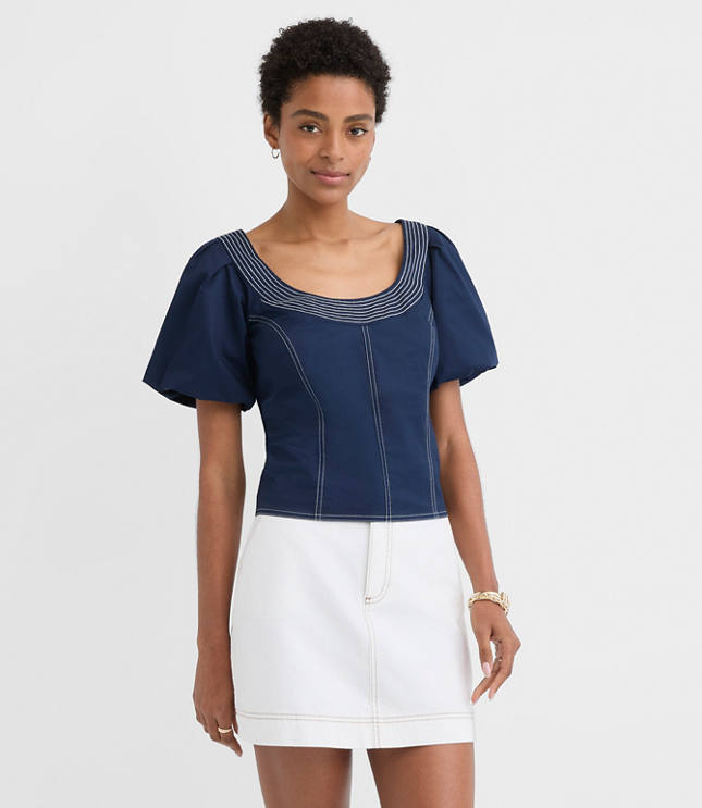 Topstitched Poplin Balloon Sleeve Top carousel Product Image 1
