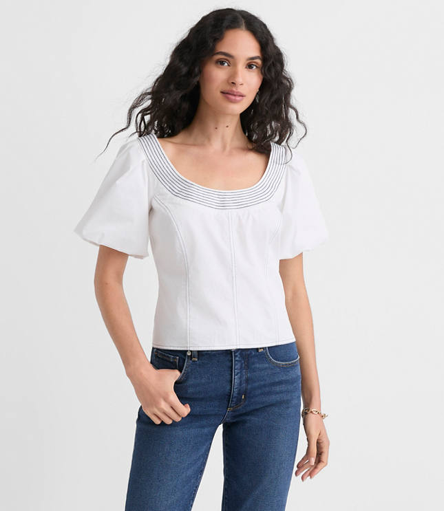 Topstitched Poplin Balloon Sleeve Top