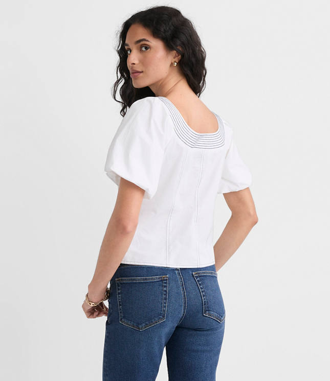 Topstitched Poplin Balloon Sleeve Top