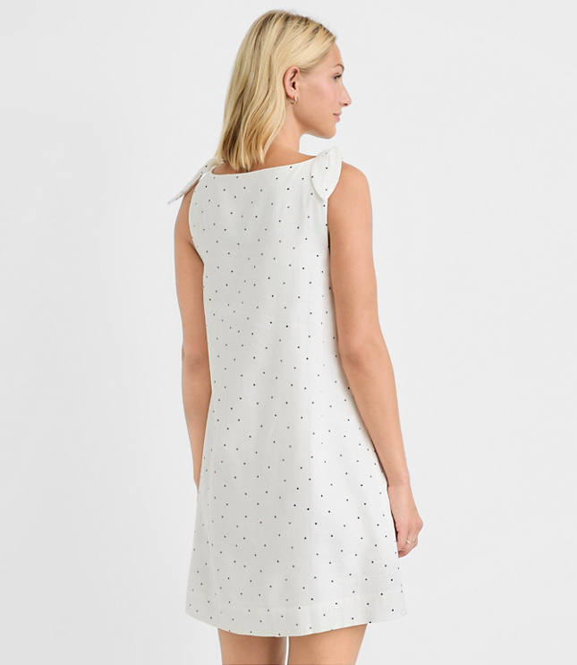 Dotted Linen Cotton Tie Boatneck Mini Dress