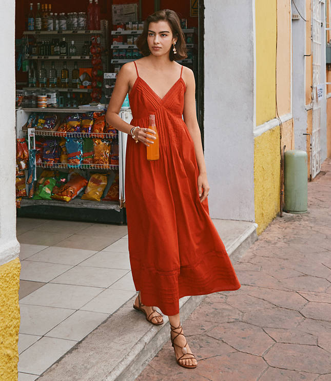 Strappy Lace Trim Pintucked Midi Pocket Dress