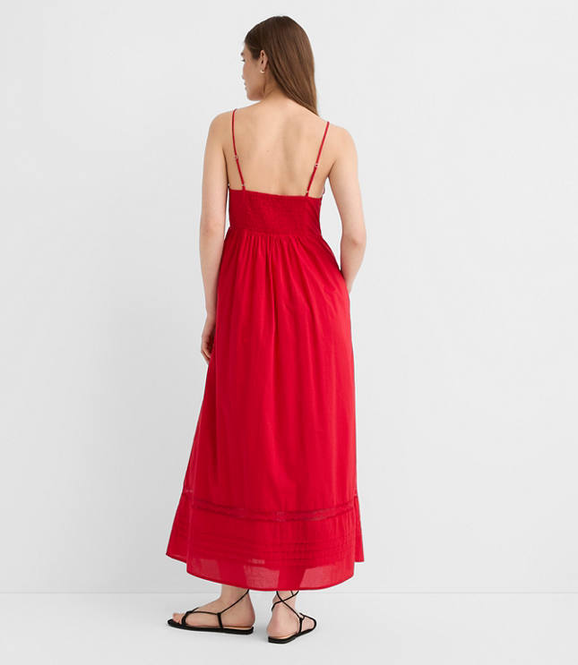 Strappy Lace Trim Pintucked Midi Pocket Dress
