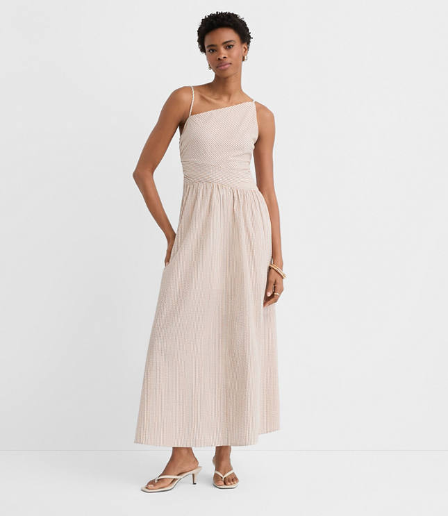 Petite Stripe Asymmetrical Ruched Midi Dress