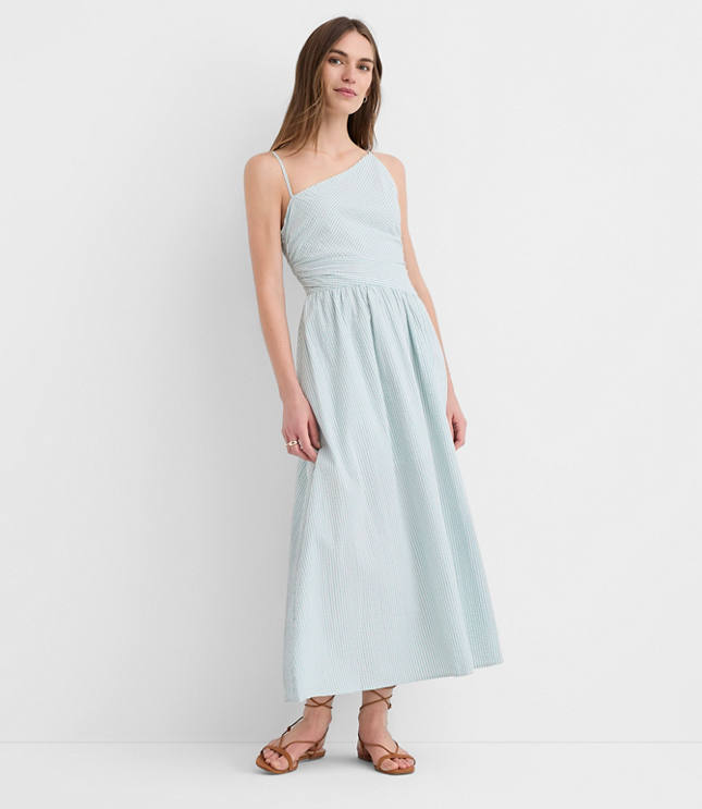 Petite Stripe Asymmetrical Ruched Midi Dress