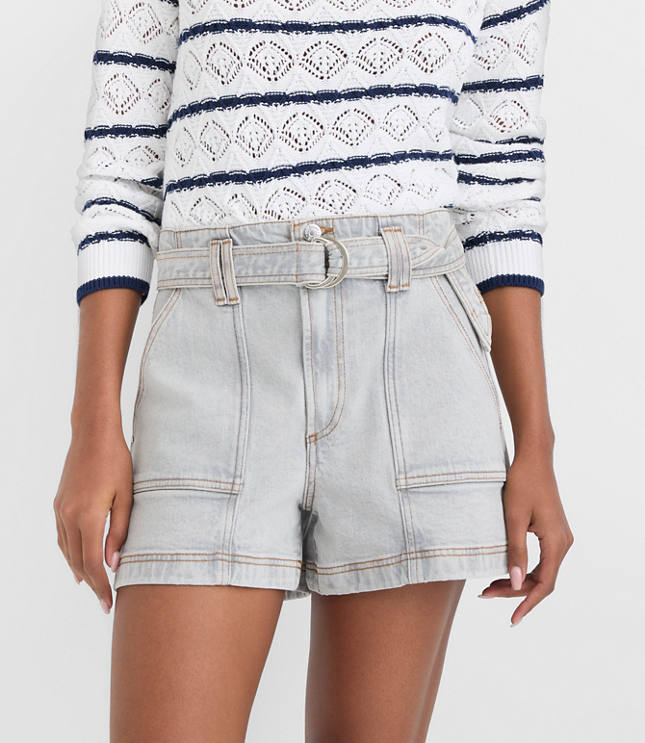 Rivete Curvy Belted Denim Utility Shorts in Vintage Grey Wash carousel Product Image 1