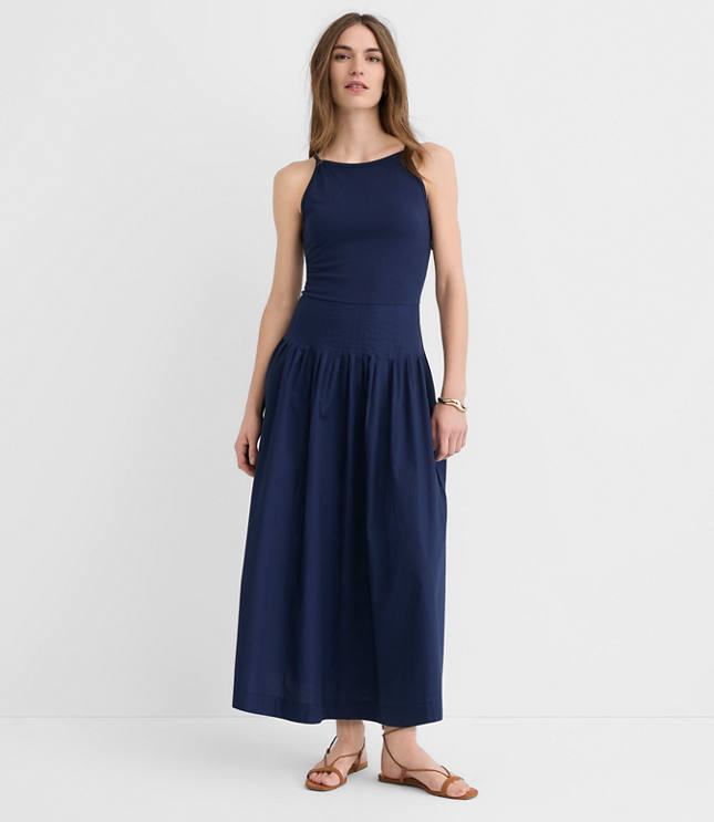 Pleated Mixed Media Midi Halter Dress