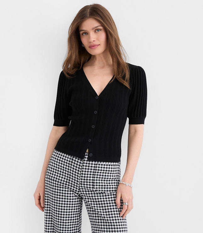 Pointelle Puff Sleeve V-Neck Cardigan