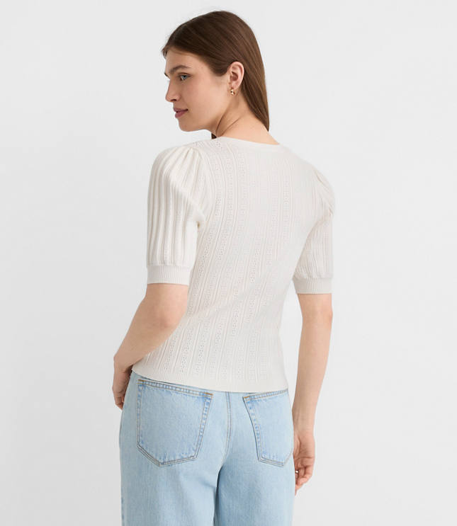 Pointelle Puff Sleeve V-Neck Cardigan