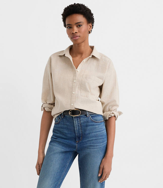 Petite Crosshatch Linen Cotton Everyday Oversized Pocket Shirt