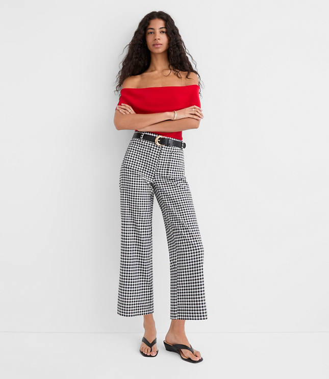 Petite Palmer Wide Leg Crop Pants in Gingham Cotton Linen