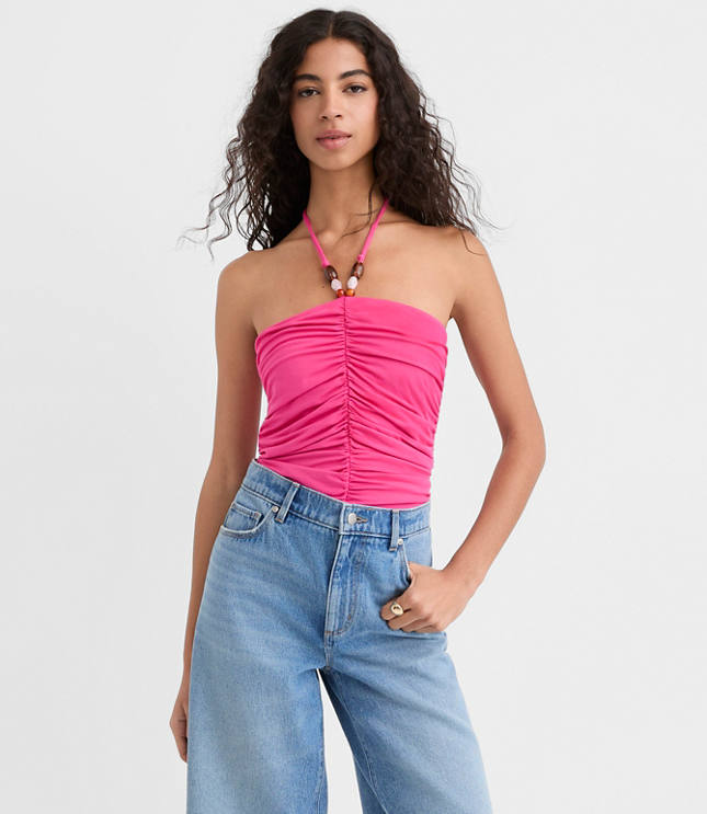 Petite Beaded Ruched Halter Top