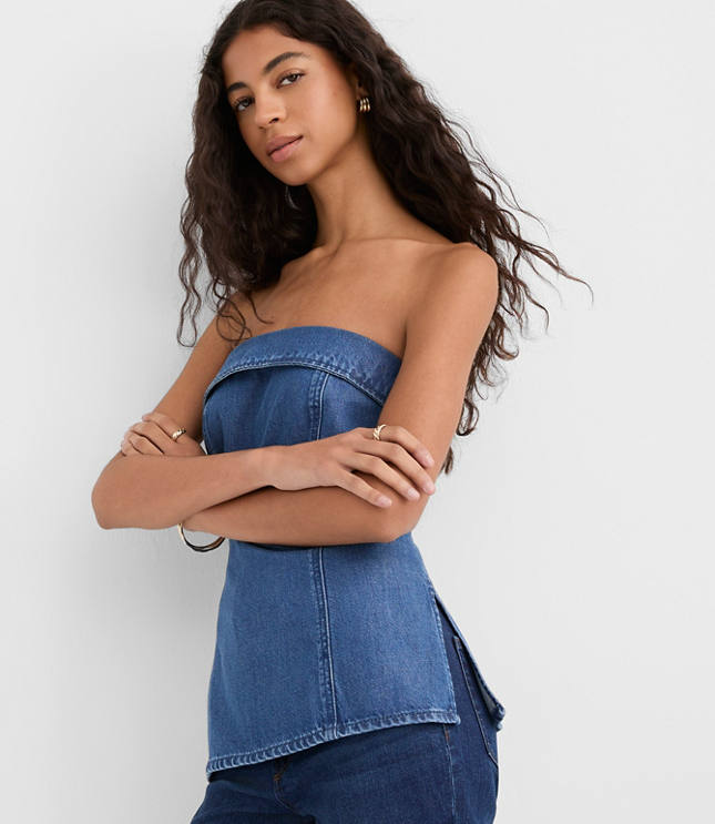 Denim Foldover Strapless Top in Classic Mid Wash