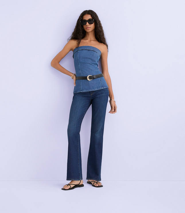 Denim Foldover Strapless Top Classic Mid Wash