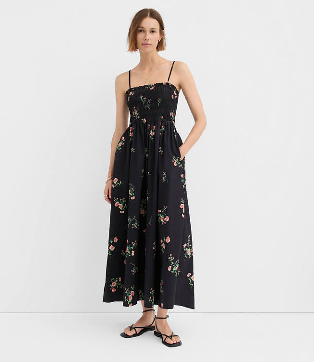 Petite Floral Poplin Smocked Strappy Maxi Dress