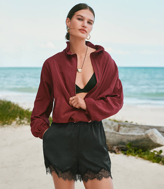 Petite Lace Trim Satin Shorts carousel Product Image 1