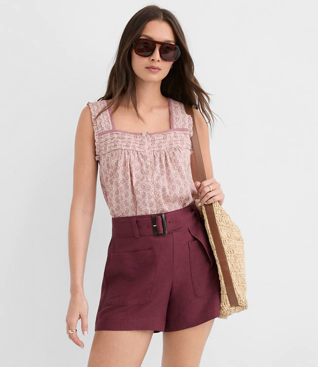 Petite Belted Patch Pocket Shorts in Linen Blend