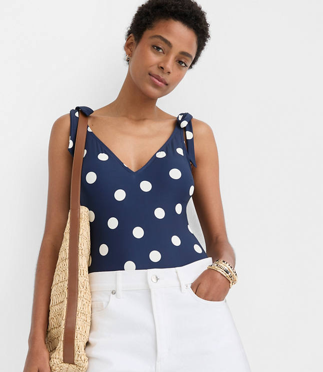 LOFT Beach Polka Dot Tie Strap One Piece Swimsuit