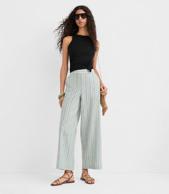 Pull On Wide Leg Pants in Striped Linen Cotton