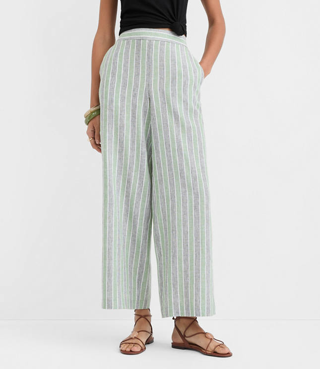 Pull On Wide Leg Pants in Striped Linen Cotton