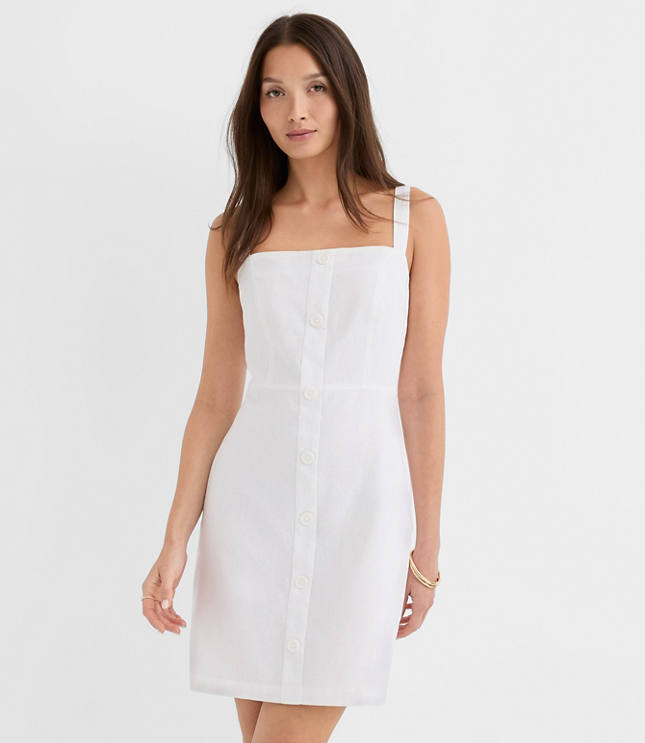 Petite Linen Cotton Button Strappy Mini Dress