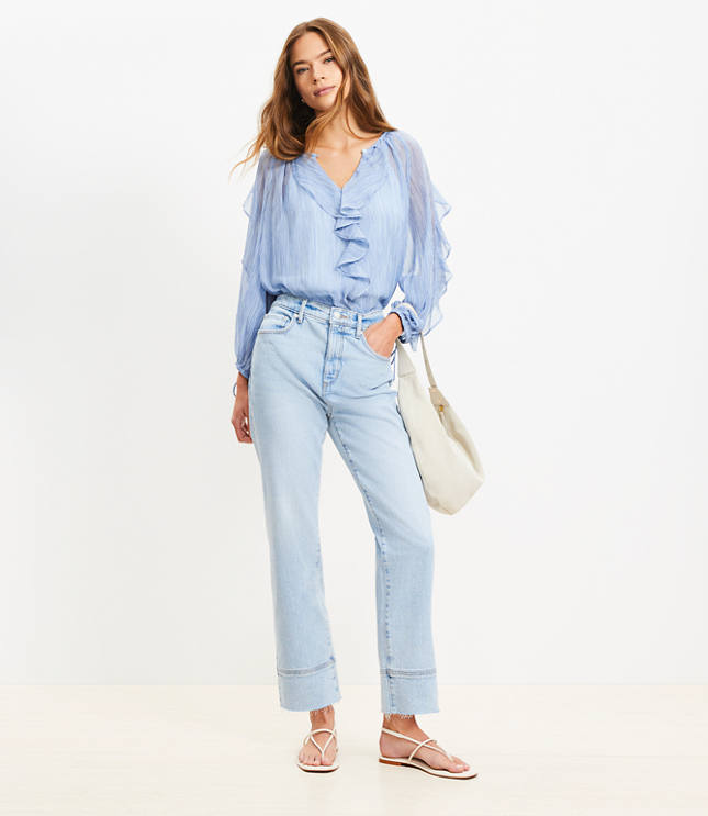 Petite Fresh Cut Cuffed High Rise Straight Jeans in Light Wash Indigo
