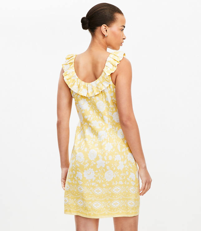 Petite Floral Linen Blend Ruffle Neck Mini Dress