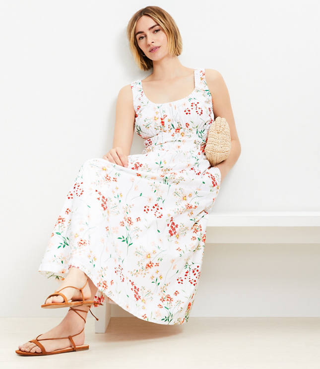Loft Petite Floral Poplin Smocked Maxi Pocket Dress