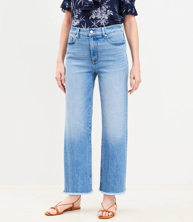 Petite Curvy Frayed High Rise Wide Leg Crop Jeans in White