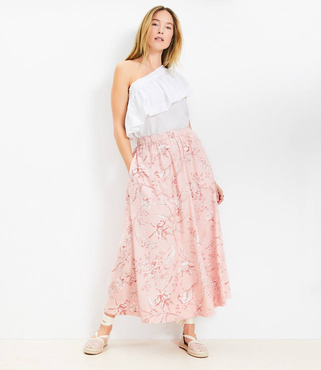 Petite Bird Toile Poplin Pull On Maxi Pocket Skirt