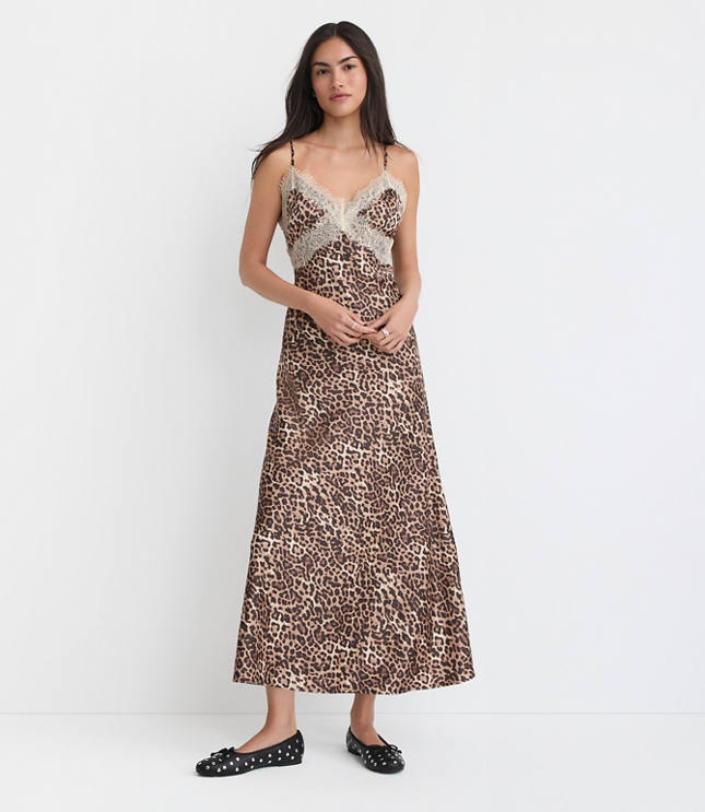 Leopard Print Lace Trim Satin Midi Slip Dress