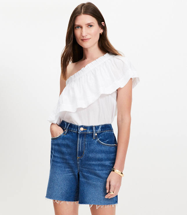 Petite Striped Ruffle One Shoulder Top