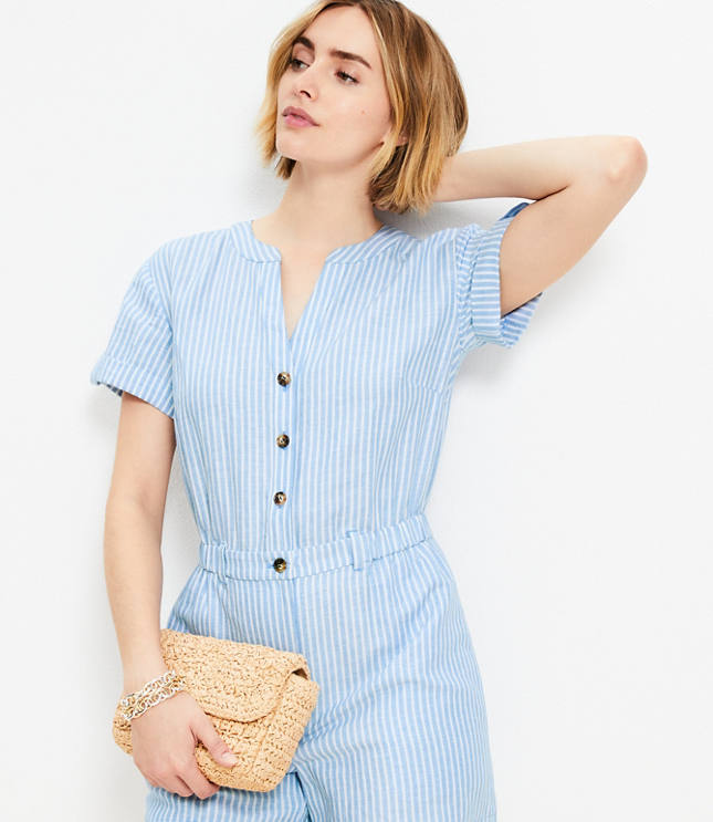 Loft Petite Striped Linen Cotton Split Neck Romper