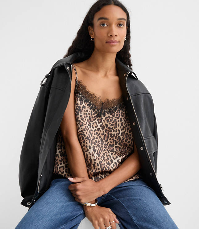 Leopard Print Lace Trim Satin Cami
