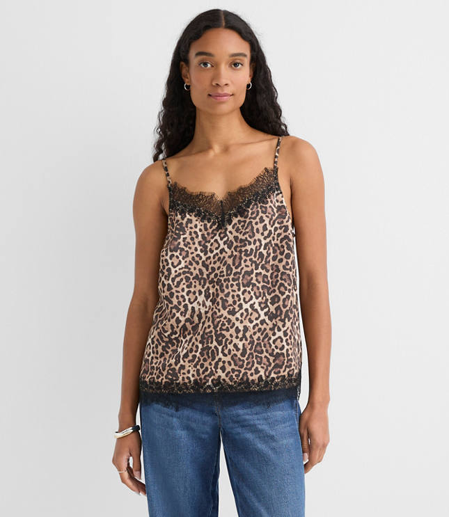 Leopard Print Lace Trim Satin Cami