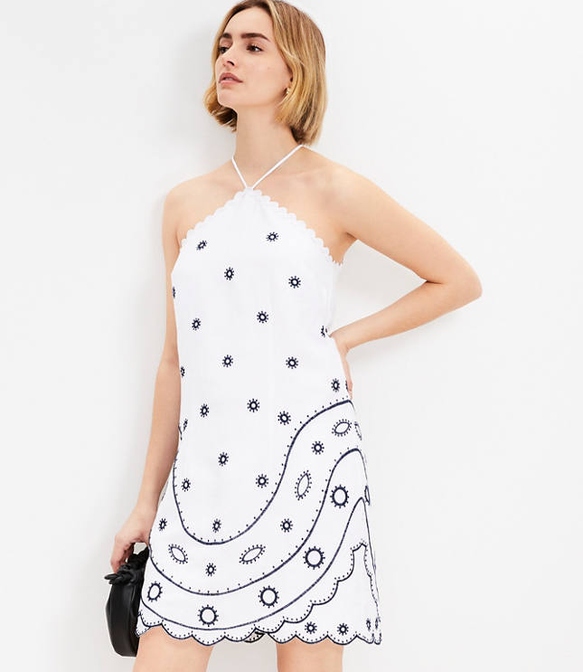 Embroidered Linen Blend Mini Halter Dress